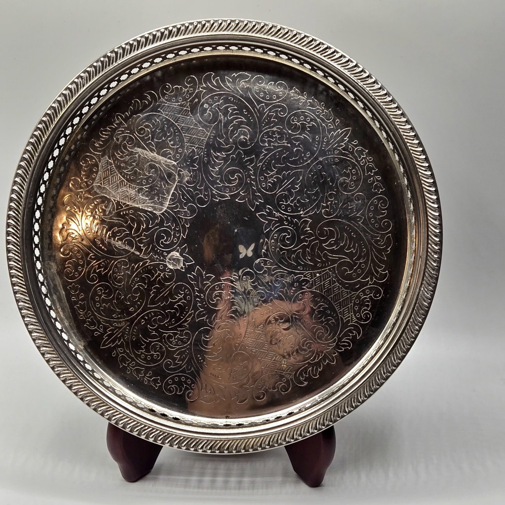 Vintage Round Silver Plated Gallery Tray 9" Pierced Sides/Etched Center